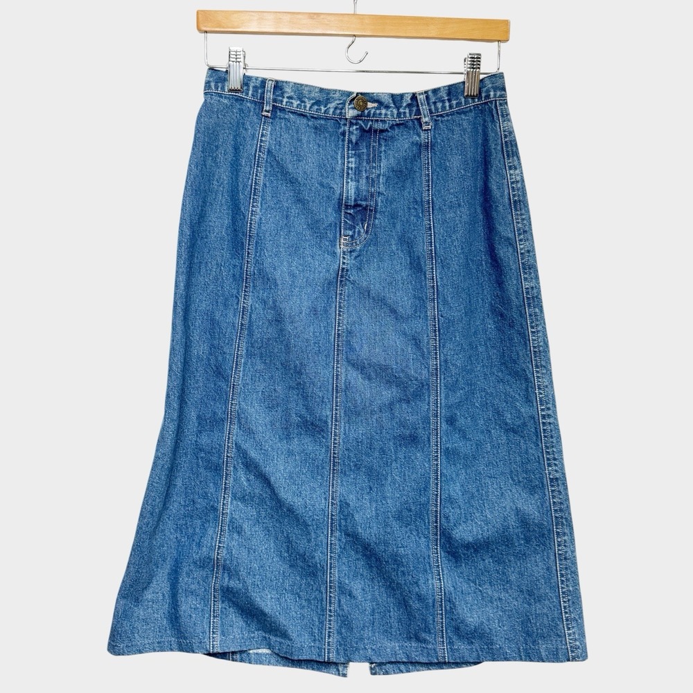 Vintage Eddie Bauer Women 6 Petite Denim Panel MIDI Skirt Western Preppy